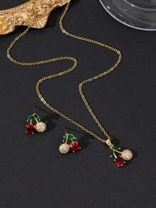 3件套时尚欧美简约金色不锈钢可爱樱桃水钻项链套装（项链+耳环），适合女性日常佩戴、派对、约会、生日礼物 - 金色 - 查看 2