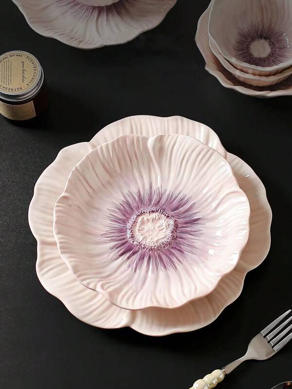 1 pieza Plato cerámico con estilo floral Ins, plato con patrón de flores asimétrico esmaltado, plato de cena para el hogar, plato de postre, plato para pastel, plato para merienda de oficina, plato para filete occidental y pasta, plato para ensalada de frutas, tazón de flores, tazón de arroz