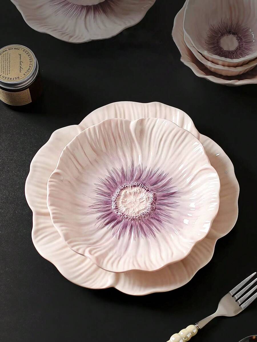 1pc Ins Style Floral Ceramic Plate, Asymmetrical Flower Pattern Glazed Plate, Household Dinner Plate, Dessert Plate, Cake Plate, Office Afternoon Tea Sweets Plate, Western Steak & Pasta Plate, Fruit Salad Plate, Flower Bowl, Rice Bowl