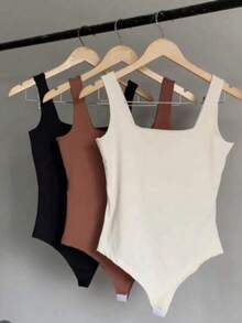 Kit 3 Body Bory Bori Women's Jumpsuit Square Neck Tank Top Thick Strap Winter Colors Suplex Double Layer Basic Travel Party Gift Beach Immediate Shipping Black Beige Brown Gray