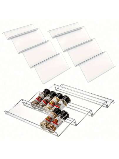 1pc/4pcs/8pcs Acrylic Slanted Spice Jars Organizer Rack, Expandable Kitchen Countertop Tray (Jars Not Included)