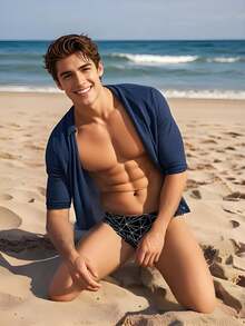 1 Quần bơi nam cạp thấp co giãn, nhanh khô, thoải mái, họa tiết in gợi cảm, không thể thiếu cho kỳ nghỉ ở bãi biển - màu đen - Xem 8