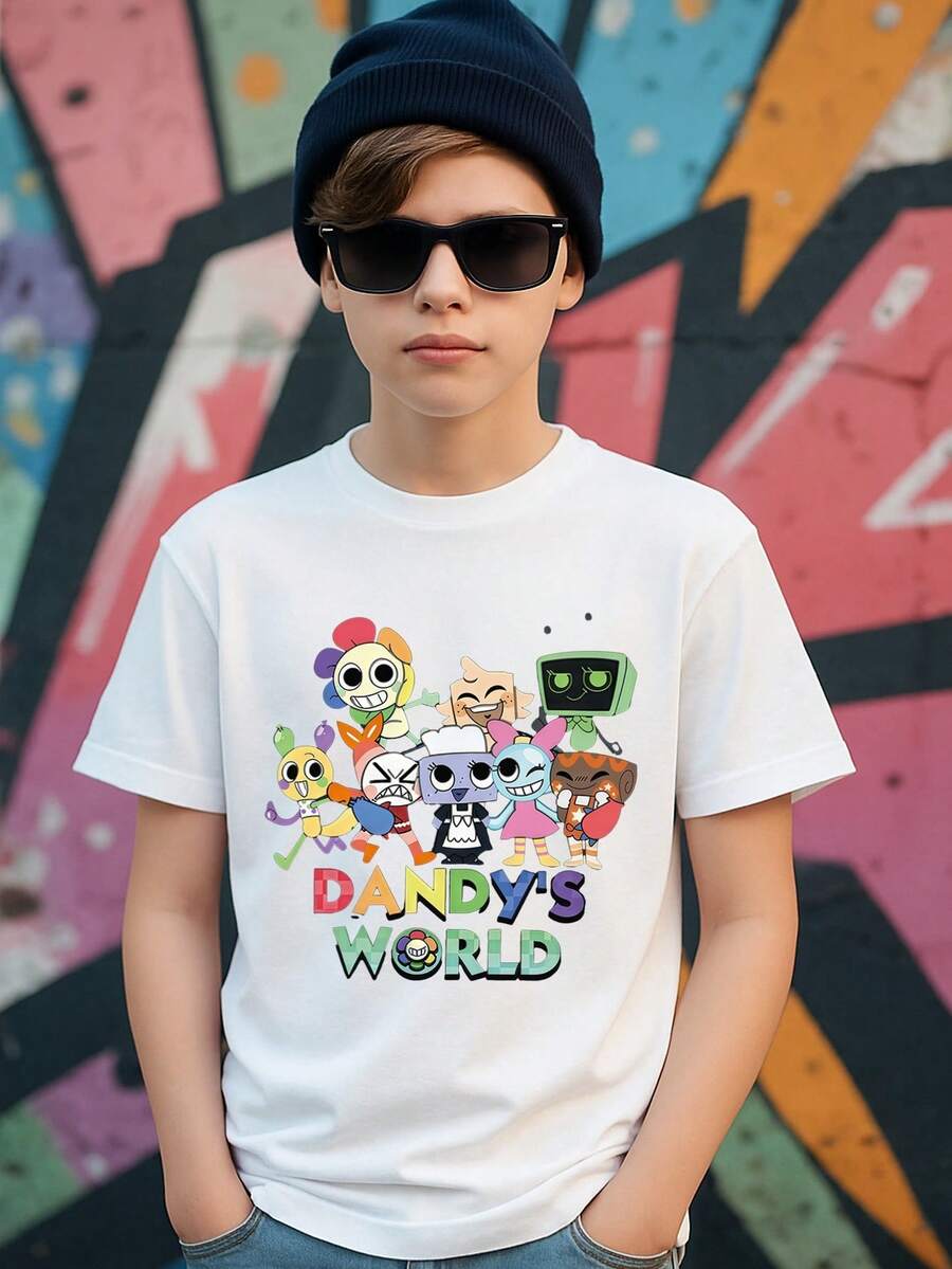 Tween Boys/Girls Summer Shirts "Dandy's World Cartoon Theme Cotton Graphic Tees, Black Casual Summer Tops With Cartoon Characters, Gift For Birthday, Kids Party, Fashion Retro Style" Boys Graphic Tees & Tween Girl Clothes - 白色 - 查看 1