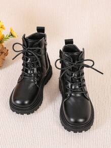 1 Pair Black Soft Faux Leather Boots For Teenagers & Youth, Round Toe Thick Sole Anti-Slip Comfortable Mid-Calf Boots With Front Lace-Up & Side Zipper, Suitable For Male & Female Students Casual, Travel, Autumn/Winter