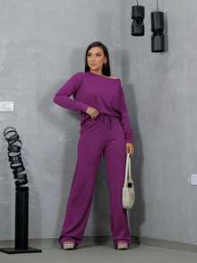 Women's Winter Set With Long Sleeve Lanzinha And Wide Leg Pants - Rose Red - View 1