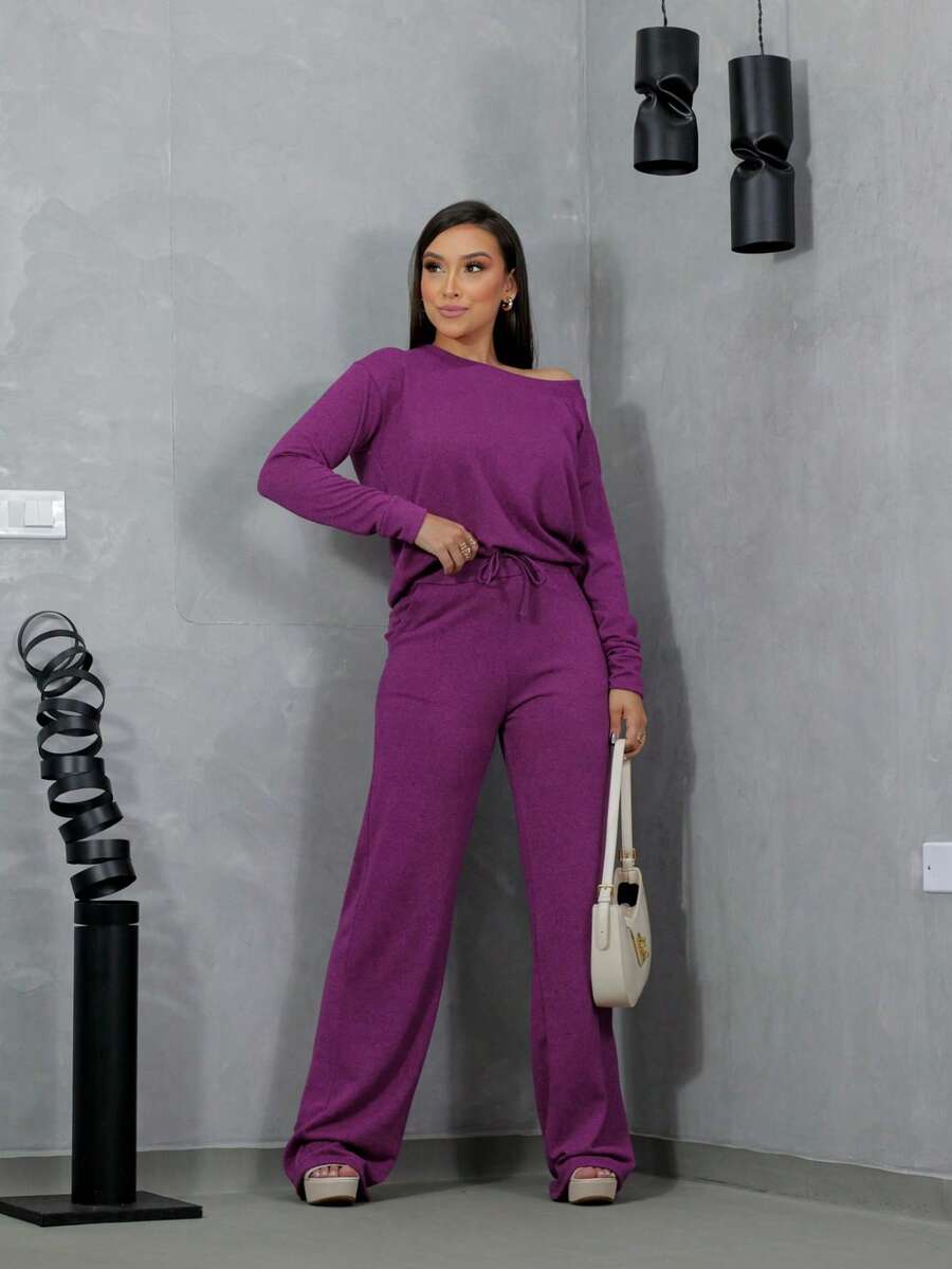 Women's Winter Set With Long Sleeve Lanzinha And Wide Leg Pants - Rose Red - View 1