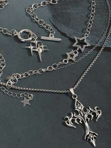 3 件复古哥特式美学不锈钢星星、流星、十字架吊坠项链、多层颈链、项链套装 - 銀色 - 查看 5
