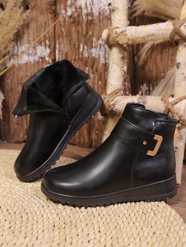 Women's Mother Ankle Boots, Winter Thermal Lined Waterproof Flat Non-Slip Middle-Aged Elderly Boots, Black