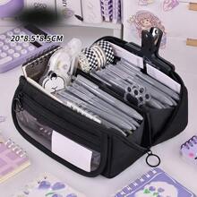 1 pieza Estuche para lápices con tapa abatible, estuche para lápices transparente de gran capacidad y alta calidad para estudiantes de secundaria y preparatoria, estuche para lápices, mochila escolar, artículos de papelería - Negro - Ver 8