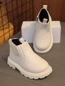 1 双幼儿/儿童柔软舒适弹性面料 + PU 皮革靴子，保暖衬里拉链设计圆头软底，简约英伦风格男童女童踝靴，适合室内、室外、学校、秋冬