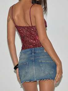 Women Y2k Sequin Glitter Camisole Spaghetti Strap Sparkly Slim Fit Tops Going Out Party Clubwear Tops - 酒紅色 - 查看 4