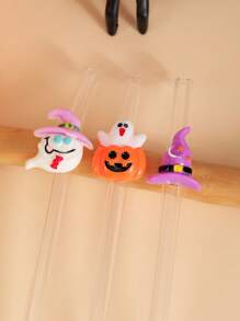 1-5 piezas/Set de Pajitas de Vidrio Reutilizables con Acentos Temáticos de Halloween en Colores: Calabazas Magenta, Sombreros de Bruja y Calabazas Fantasma, Ideal para Bebidas y Fiestas de Halloween, Ideal para Bebidas con Hielo, Té de la Tarde, Batidos, Smoothies, Agua con Gas, Leche con Té, Jugos y Otras Bebidas Frías.