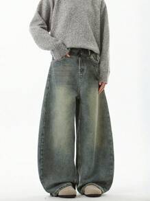 1 件休闲学院风宽松百搭情侣宽松牛仔裤 - 水鴨藍 - 查看 4