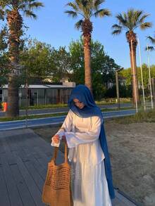 1 Khăn trùm đầu bằng vải voan giả ngọc trai màu trơn cho nữ, khăn trùm đầu trơn kiểu Ả Rập giản dị, thích hợp mặc hàng ngày ở Trung Đông để mặc trong trang phục - Màu xanh lam - Xem 6