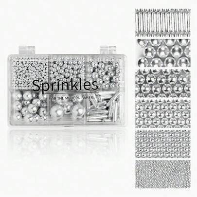 180g Pearl Bead Decoration Set (Includes 4-Prong Pearl Picker Tool) - Mixed Size Pearls, Metal Rods & Star Sprinkles, For Cake Decorating