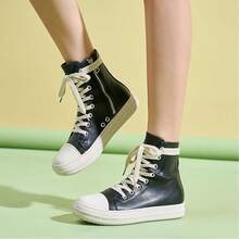 Woman's Thin Shoelaces, Round Toe Shoes, High-Top Casual Shoes, Minority Retro Thick-Soled Skateboard Shoes. - 黑色 - 查看 5