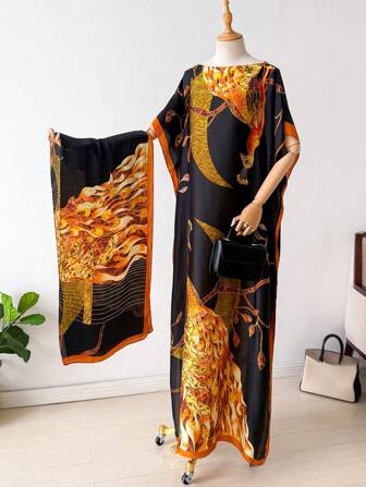1pc Faux Silk Peacock Print Robe, Shawl & Small Scarf Set, Women Coverup For Beach, Sun Protection, Daily Wear For Dress