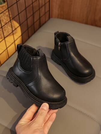 1 Pair Black Soft & Comfortable Elastic Fabric + PU Toddler/Kids Boots, Warm Lining, Round Toe, Soft Sole, Simple British Style, Suitable For Boys & Girls, Indoor/Outdoor, School, Autumn/Winter