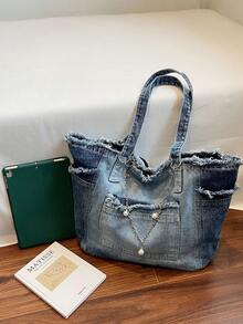 New Denim Fabric Large Capacity Tote Bag, Casual Versatile Shoulder Handbag, Underarm Carry Bag, Student School Bag - Blue - View 4