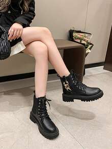 1 pereche de cizme elegante și la modă pentru adolescenți, confortabile și versatile, cu cataramă metalică și șireturi decorative, potrivite pentru exterior, petreceri, naveta - Negru - Vizualizare 3