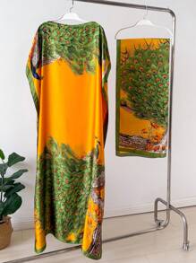 1pc Faux Silk Printed Robe, Shawl & Small Scarf Set, Women Coverup For Beach, Sun Protection, Daily Wear