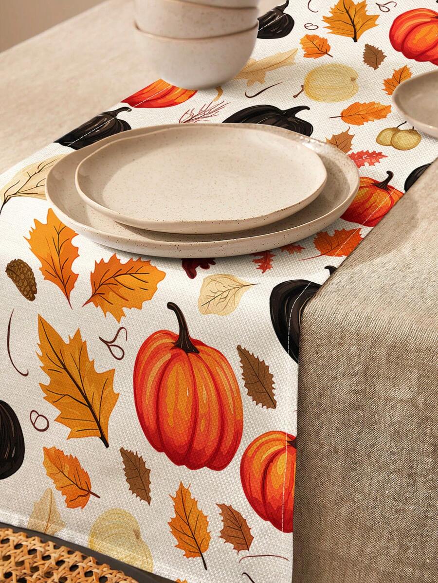 1 pieza Corredor de mesa de lino con estampado de hoja de arce y calabaza de cosecha de otoño, adecuado para fiestas, cumpleaños, cenas, cocina, comedor, cómodas, decoración del hogar, todas las estaciones