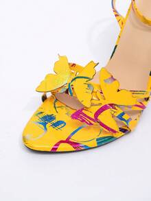 Jin Bei Qi 女士性感闪光 3D 蝴蝶圆头系带优雅迷人时尚派对闪亮金色高跟凉鞋 - 黃色 - 查看 10