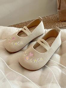 "1 Pair Of 2025 All-Season Must-Have Light Beige Girls' Mary Jane Shoes, Air-Knit + Small Flower Embroidery Elastic Buckle, Instantly Worn, Anti Toe Protection Sole, Round Toe Flat, Sweet And Soft Healing Style Children's Flat Shoes, 3-12 Years Old, Suitable For School, Party And City!" - Màu be - Xem 7
