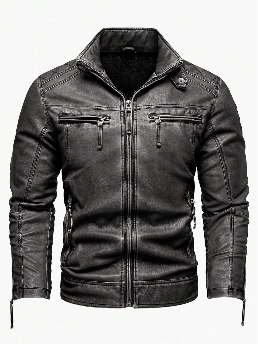 Men's Vintage Thickened Jacket With Multiple Pockets, Stand Collar Motorcycle Jacket, Casual PU Leather Coat