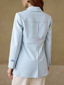 Abrigo corto elegante doble botonadura dama mujer filo blanco ligero liso bolsillos funcionales suelto comodo tela textura casual formal dia noche frio oficina salida fiesta antro cena restaurante primavera otoño - Azul - Ver 2