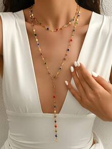 2 件时尚奢华简约双层金属长项链，彩色水晶项链，简约 Y 形长吊坠项链，适合女性日常、派对、宴会、首饰搭配（珠子颜色随机） - 2pcs彩色長項鍊 - 查看 2