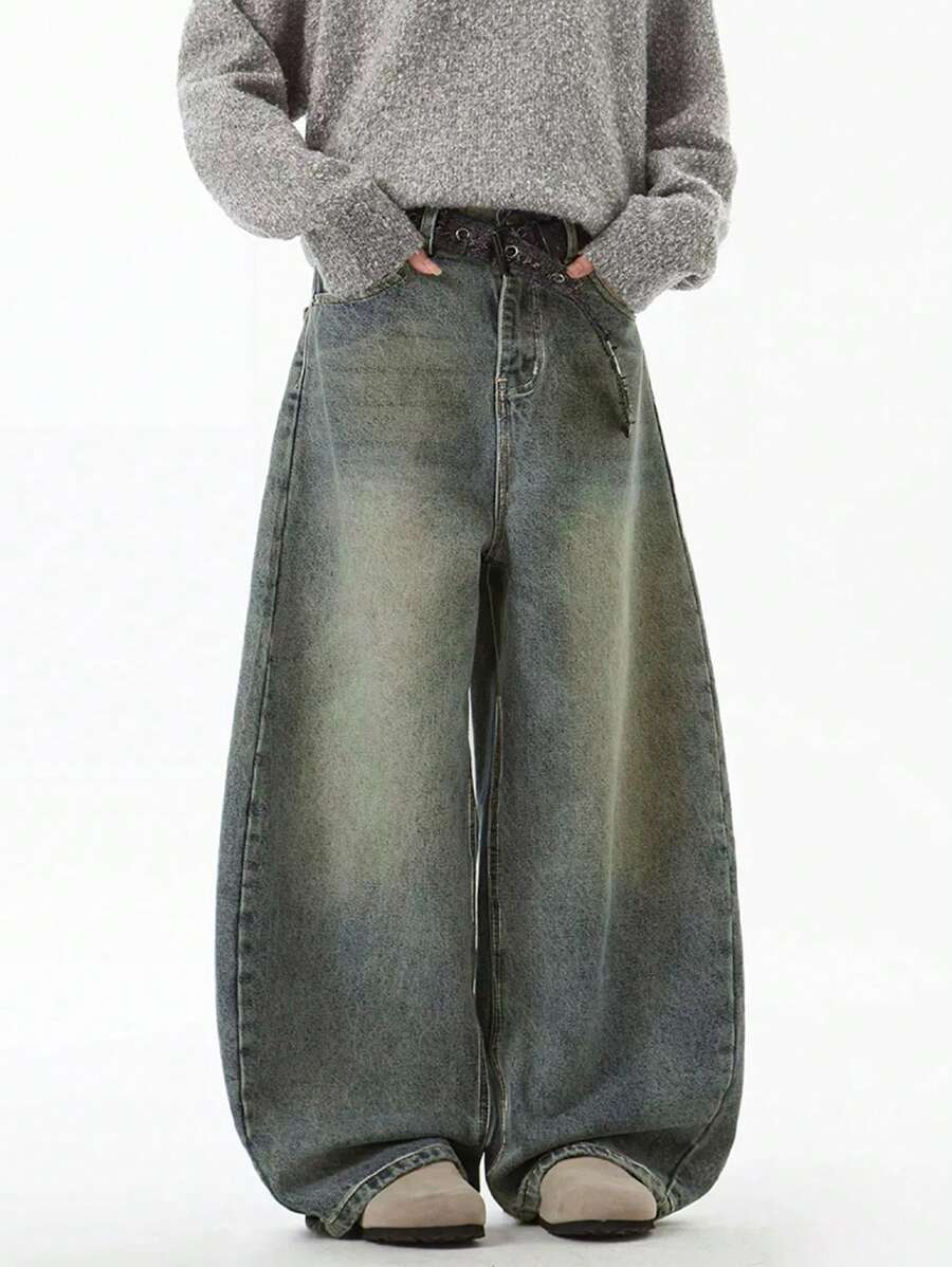 1 件休闲学院风宽松百搭情侣宽松牛仔裤 - 水鴨藍 - 查看 1