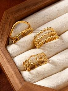 Set de 3 anillos decorativos de línea hueca de acero inoxidable minimalista, adecuado para mujeres y hombres, para uso diario, festivales, citas, compromisos, bodas y viajes - Dorado - Ver 2