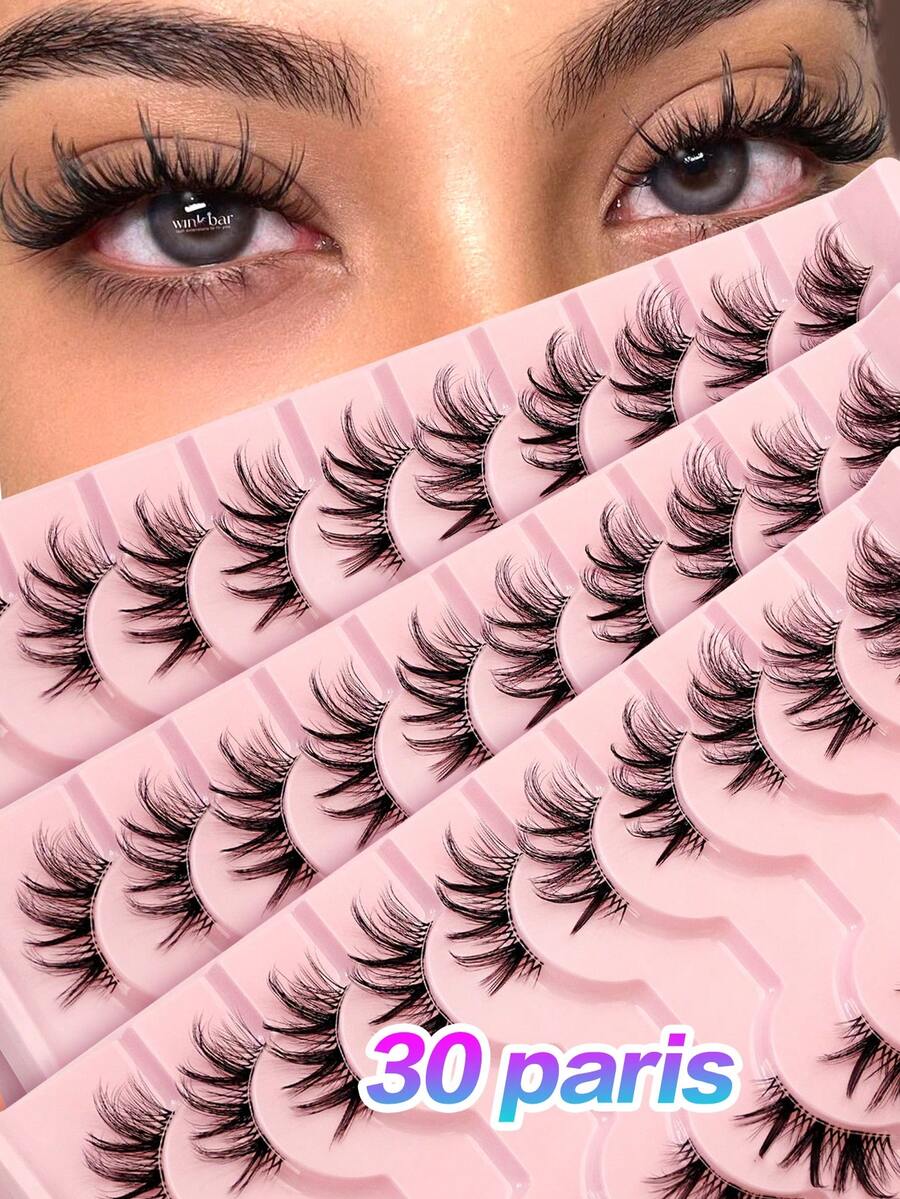 30 Pairs Cat Eye Lashes Tray - Wispy Fluffy Cluster Lashes & Natural Half Accent End Corner Lashes, Clear Invisible Band, Reusable 3D Lightweight Lashes Pack For Daily Wear & Special Occasion, Shop Back To School - 粉色 - 查看 1