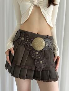 1 件女士 PU 摩卡棕色西部镂空金属索环圆形腰带秋季、秋季、万圣节 - 摩卡棕 - 查看 4