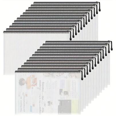 [防水收纳袋] 20个A4尺寸防水收纳袋（15英寸x11英寸），包括拉链文件袋、塑料网袋和棋盘游戏收纳袋，适用于办公室和学校，黑色，用于学校用品，返校