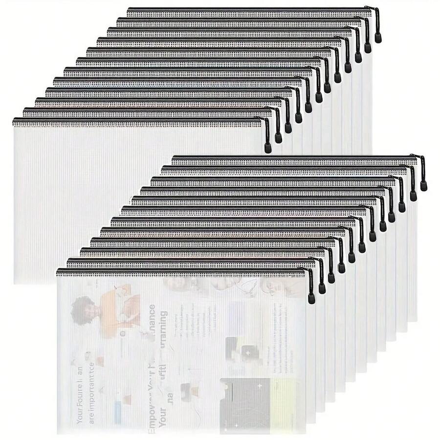 [Pungi de depozitare impermeabile] 20 de bucăți de pungi de depozitare impermeabile, format A4 (15''x11''), inclusiv pungi de dosare cu fermoar, pungi de plasă din plastic și pungi de depozitare pentru jocuri de societate, potrivite pentru birouri și școli, negre, pentru rechizite școlare, pentru întoarcerea la școală - negru deschis - Vizualizare 1