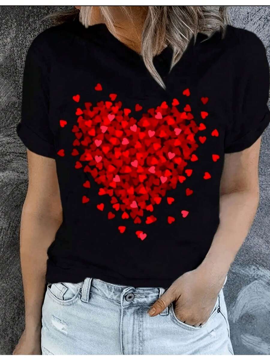 Estampado Camisetas De Mujer Manga Corta corazones peque verano cuello redondo Casual Negra Blanca Playeras De Mujer con estampado de dibujos animados1  Corazón  Colorblock    Casual    Ninguno    Diario    verano  Gráfico de corazón - Negro - Ver 1