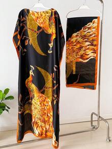 1pc Faux Silk Peacock Print Robe, Shawl & Small Scarf Set, Women Coverup For Beach, Sun Protection, Daily Wear For Dress - Black - View 2