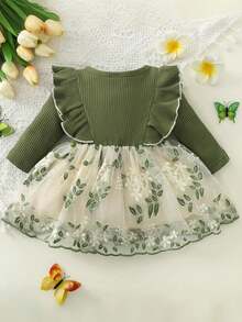 Vestido de Primavera y Otoño para Recién Nacida, con Tul y Bordado de Plantas y Flores - Verde - Ver 2