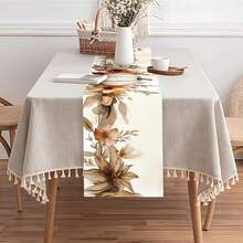 秋季花卉桌旗，奶油色背景上优雅的橙色花朵和叶子印花，秋季餐桌装饰，适合餐厅、秋季聚会和农舍家居装饰
