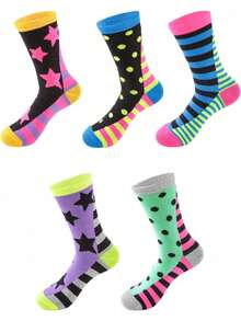 5 Pairs/Sets Of Women's Four Seasons European And American Style Star Stripes Contrast Color Pattern Combination Suitable For Daily Home, Outing, Fitness