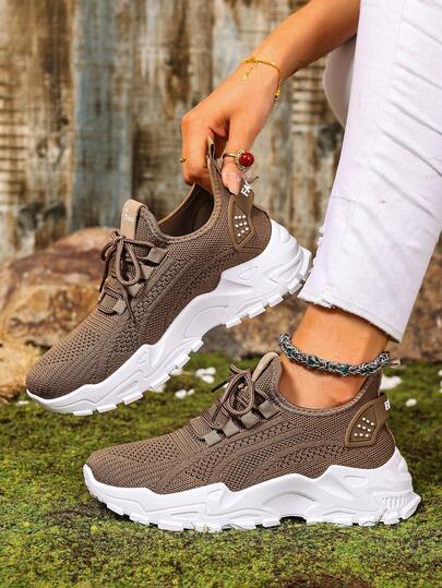 Black & Coffee Color Women's Sports Shoes, High-Quality Casual Sneakers, Plus Size Fashion Shoes, New Sports Shoes, Lightweight Soft-Soled Walking Shoes, Outdoor Travel Casual Sports Shoes For Women, Lace-Up Shoes, Fashionable Sports Shoes, Suitable For Daily Wear And Sports