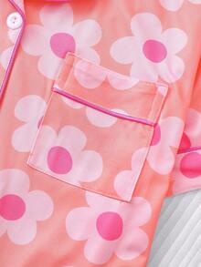 Two-Piece Women's Elegant Polyester Pink Pajama Set, Floral Print, Knit Fabric, All-Season Comfort, Short-Sleeved Button-Down Top, Collar And Matching Shorts, Pocket Details, Perfect For Adults Pajama Set - 粉色 - 查看 3