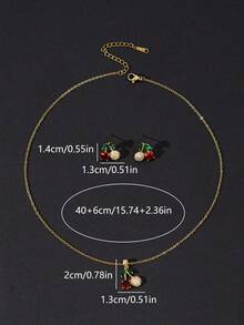 3件套时尚欧美简约金色不锈钢可爱樱桃水钻项链套装（项链+耳环），适合女性日常佩戴、派对、约会、生日礼物 - 金色 - 查看 3