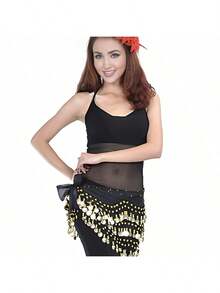 1 قطعة سلسلة خصر للرقص الشرقي، حزام خصر من شبكة معدنية للبدلة، حزام خصر بقطع معدنية ذهبية، بأسلوب بوهيمي - الأسود - مشاهدة 2