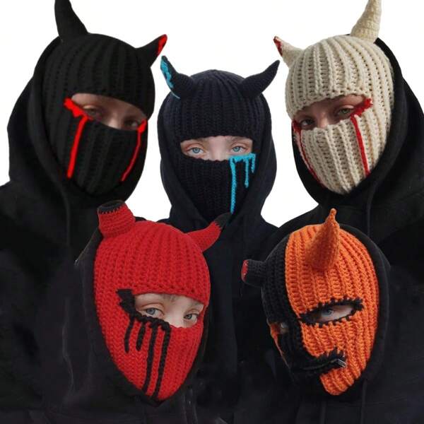 1pc unissex multicolorido chifre balaclava chapéu com manchas de sangue máscara quente malha esqui boné novidade festa de halloween capa de rosto