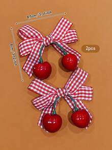 2 piezas Pasadores de cabello con lazo de cereza roja, estilo dulce para uso diario - Rojo - Ver 2