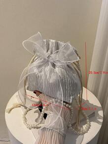 Mini Bow Decor Faux Pearl Beaded Drawstring Design Bucket Bag, Fashionable Bow Purse For Women, Cute Bow Bag For Women
