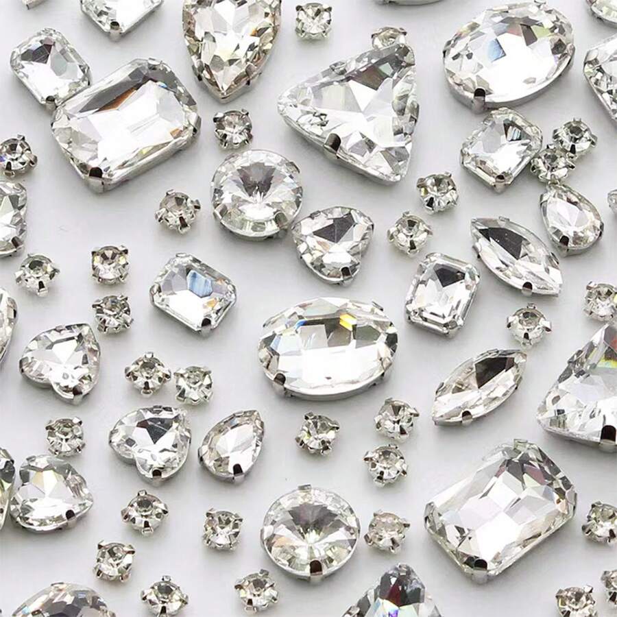 WENSIDUO Sew On Rhinestones 150 PCS Mixed Shapes Glass Rhinestones Sew On Crystal Gems Mental Flatback With Silver Claw For Jewelry Crafts Clothes Shoes Costume Garment White,Grandma Mothers Day Gift,Mother's Day - White - View 1